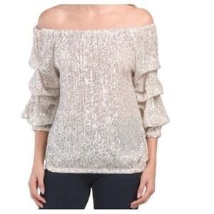 CeCe sequined ruffled flutter sleeve off the shoulder top size medium